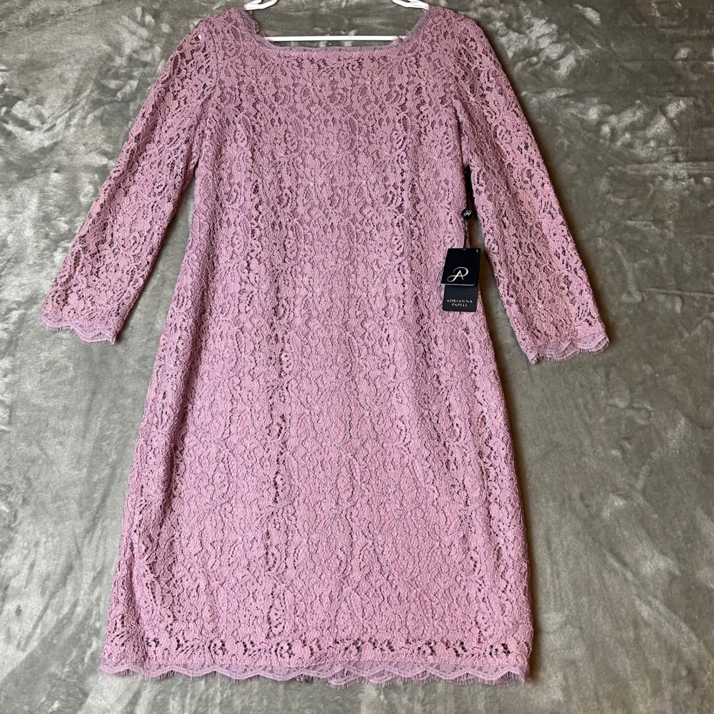 Adrianna Papell Lace Sheath Dress Long Sleeve Zipper Mauve Pink Women's 10